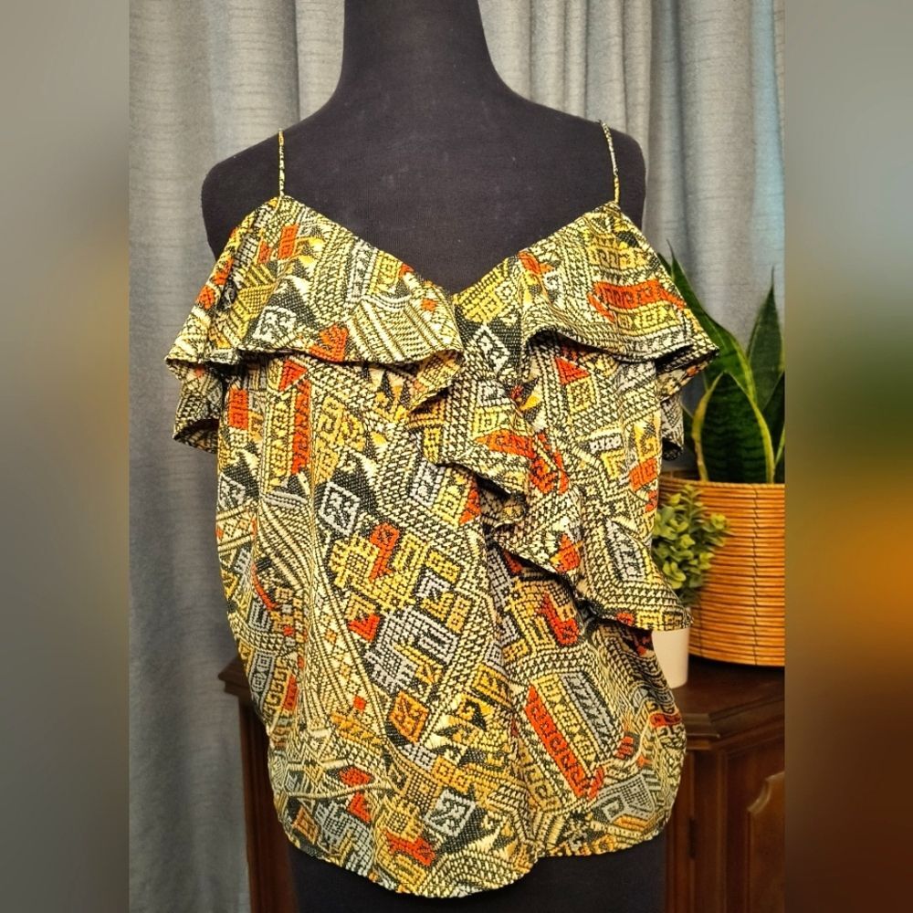 Lucky Brand Geometric Ruffle Cold Shoulder Top Size Large